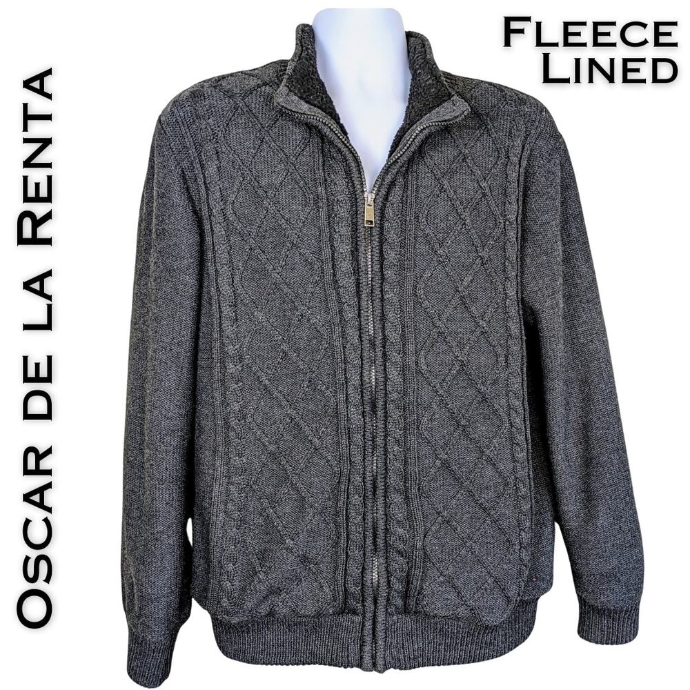 Oscar De La Renta Men's Dark Gray Sweater Jacket Fleece Lined Full Zip Sz Large